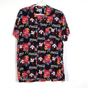 Coca Cola Hawaiian Shirt Mens Sz XL Black Multicolor Button Fron 100% Rayon